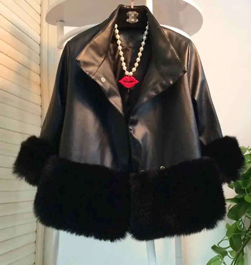 plus size 3XL! autumn winter pu leather patchwork thick coat women fox fur warm short | Женская одежда