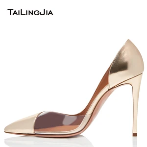 Pointed Toe High Heel Pumps for Women Gold and Transparent PVC Elegant Evening Dress Heels Ladies Summer Shoes Stilettos Fashion