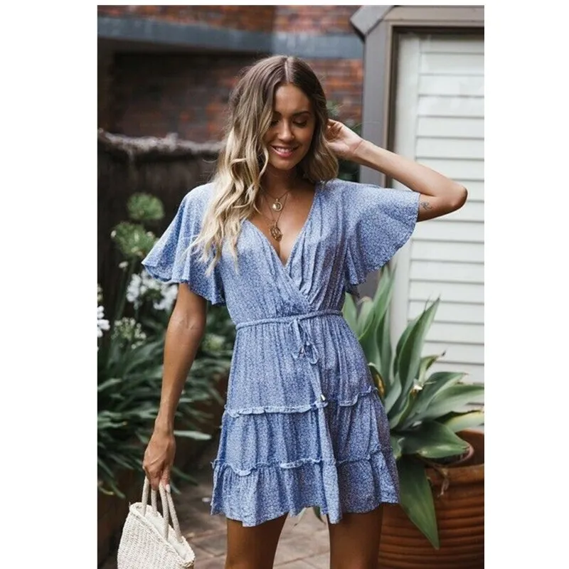 Женский сарафан с коротким рукавом Летнее мини платье в стиле бохо запахом и