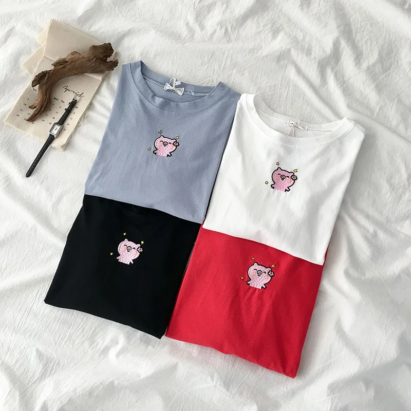 Женская футболка с круглым вырезом и коротким рукавом летняя Однотонная