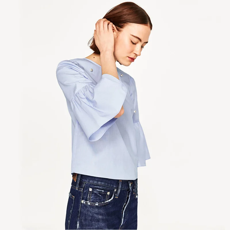 Новые летние 2018 модные женские туфли жемчуг бисер рубашка Blusas с О образным