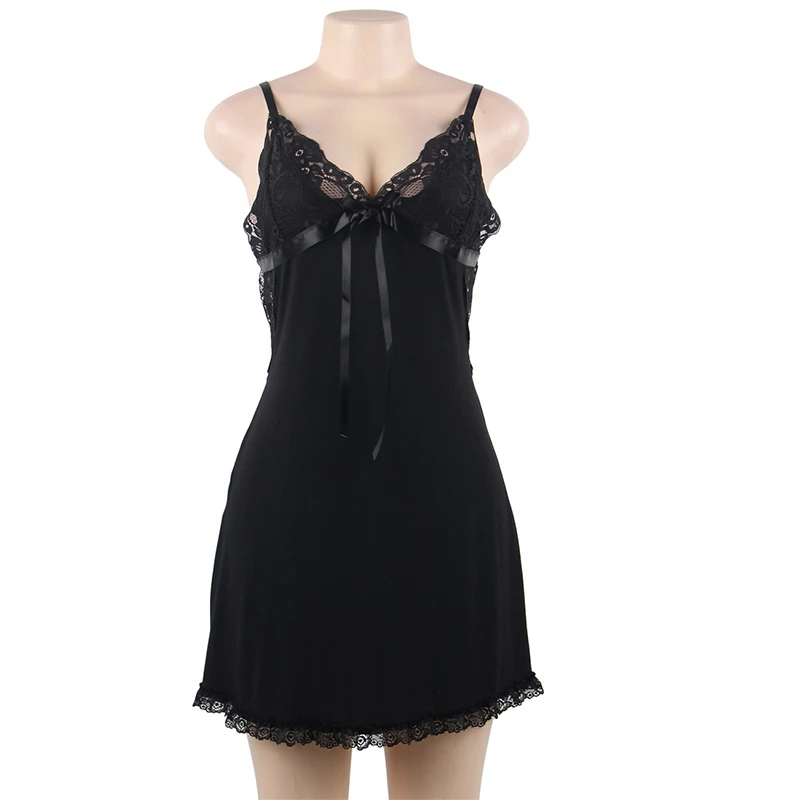 black nightdress Хлопковая ночная рубашка, женская ночная рубашка, глубокий v-образный вырез, открытая спина, сексуальная ночная одежда, кружевная мини сексуальная пижама для женщин, R80731 - Цвет: black nightdress