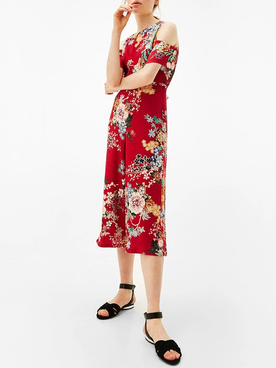 2017 весна лето Женщин вне плечо цветочные печати лук талия рукавов длинный