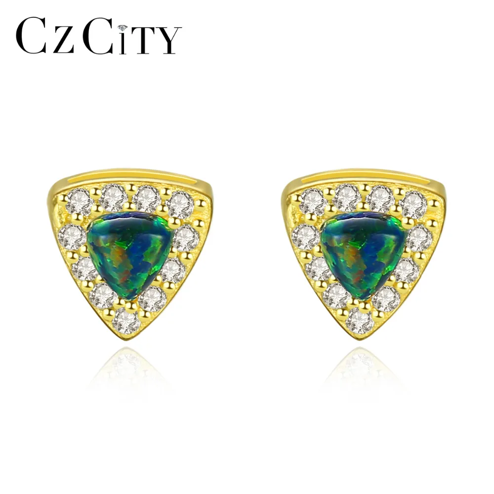 

CZCITY Pure 925 Sterling Silver Geometric Stud Earrings for Women Colorful Opal Boucles D'Oreilles Pour Les Femmes Fine Jewelry