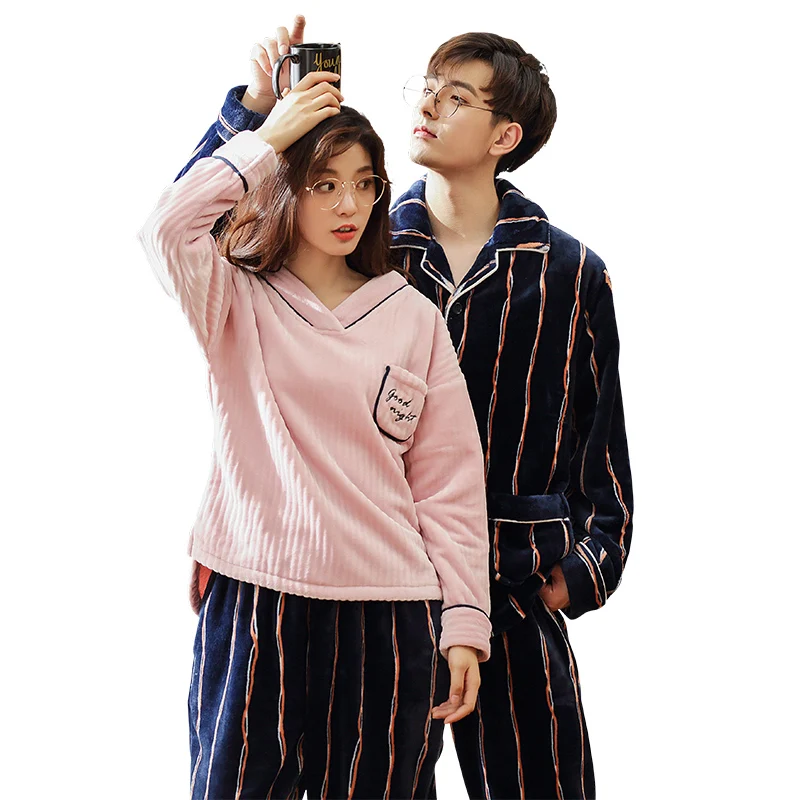

Winter Pyjamas For Couple Thick Warm Flannel Pajamas Set Male Long Sleeve Turn-down Collar Striped Pijamas Casual Female Pajamas