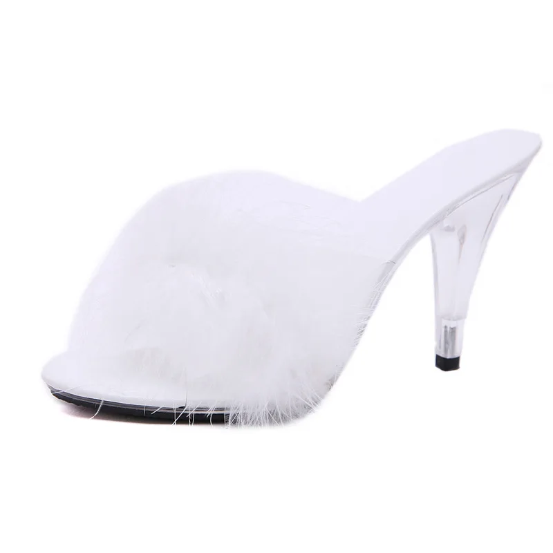 White 10cm Пикантные вечерние туфли на высоком каблуке 7 см, 10 см, с перьями, женские летние прозрачные меховые шлепанцы размера плюс 34-45, женские сандалии WS0019 - Цвет: White 10cm