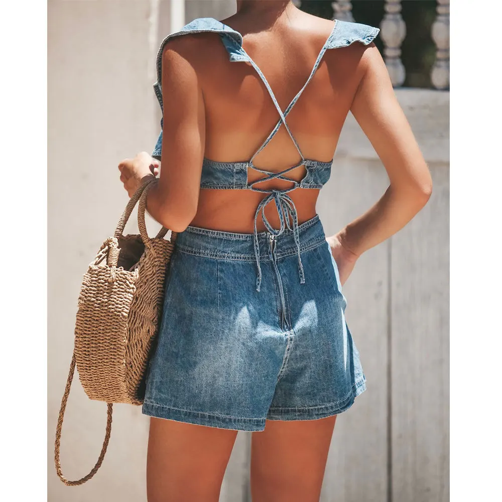 Джинсовый женский комбинезон для офиса модный однотонный женщин цельный без