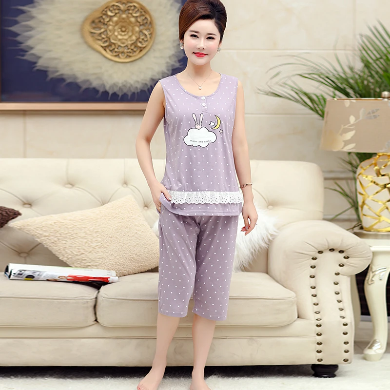 Хлопковый жилет укороченные брюки pijama для женщин Летний принт кружево дамы повседневный комплект с круглым вырезом shortless женский домашний костюм плюс размеры 4XL