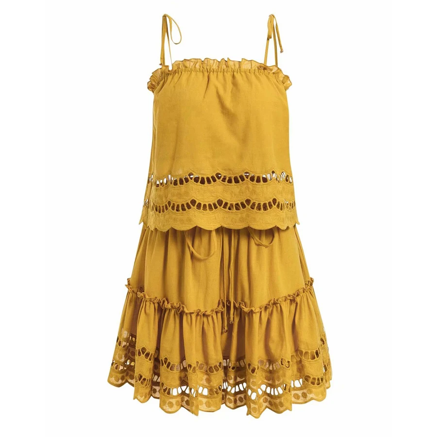 TEELYNN мини платье в стиле бохо желтое хлопковое с цветочной вышивкой 2 предмета