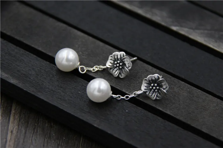 

C&R Real 990 Sterling Silver drop earrings for women pearl Flower noble ladies Thai Silver earrings Vintage Fine Jewelry