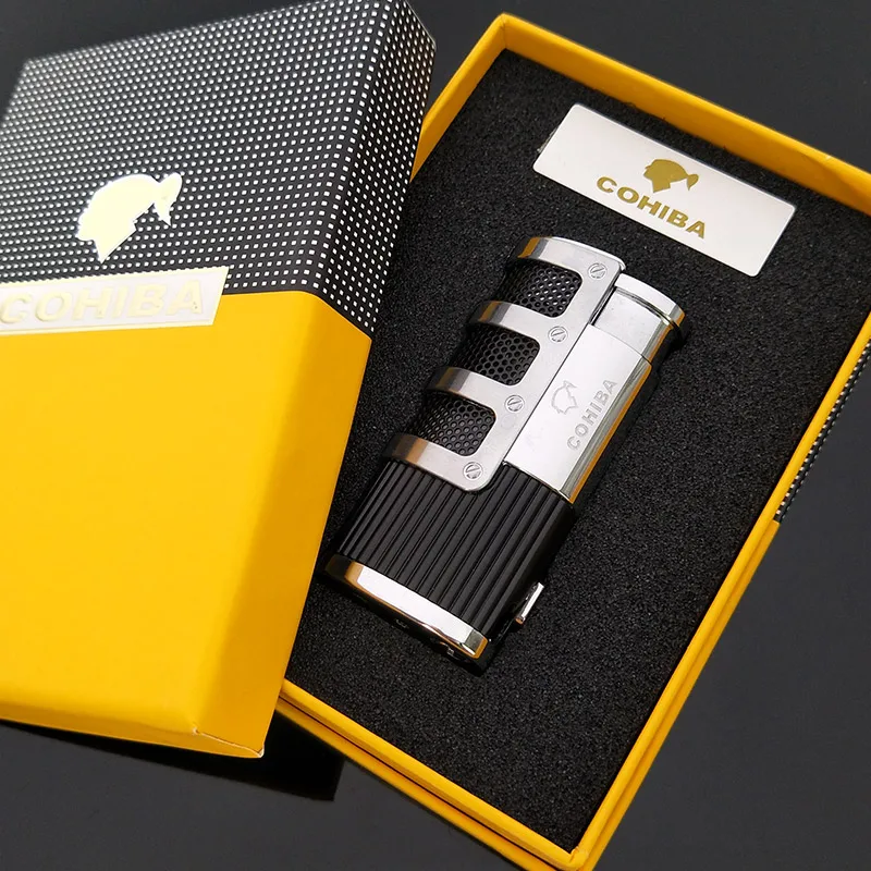 COHIBA Gridding Stripes style Turbo Зажигалка карманная Бутановая газовая ветрозащитная Тройная