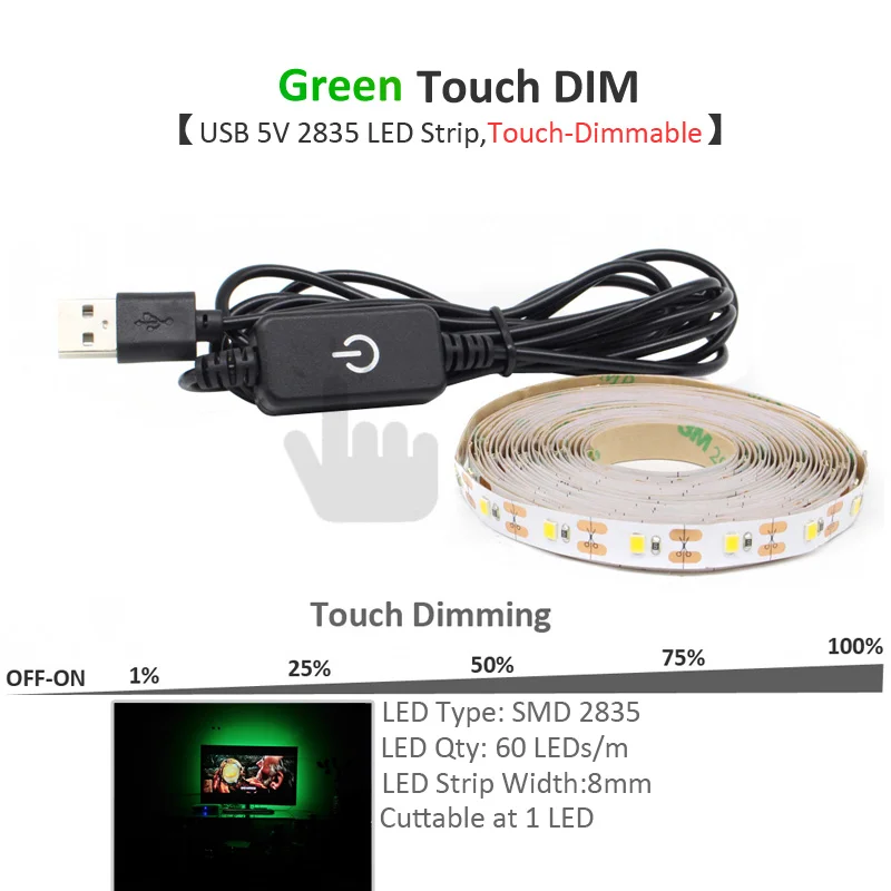 Fita USB Светодиодная лента с подсветкой 5 в 2835 5050 RGB сенсорная лента с регулируемой яркостью, светильник с лентой, Настольная декоративная лампа для ТВ фона, Смещенный светильник ing - Испускаемый цвет: Gree Touch Dimming