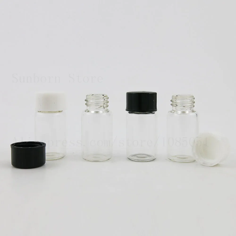 

500pcs/lot 3ml Empty Clear Glass Bottle with Plastic Black White Cap Lids Screw Neck Sample Cute Bottles Vials