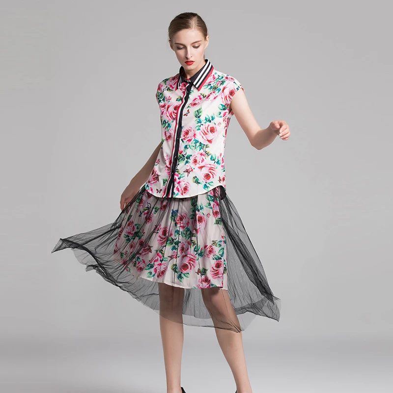 2018 Autumn Pretty Rose Print Women Sets High Quality Sweet Short Sleeve Turn-down Collar Shirts +Mesh Skirts Floral Suits | Женская
