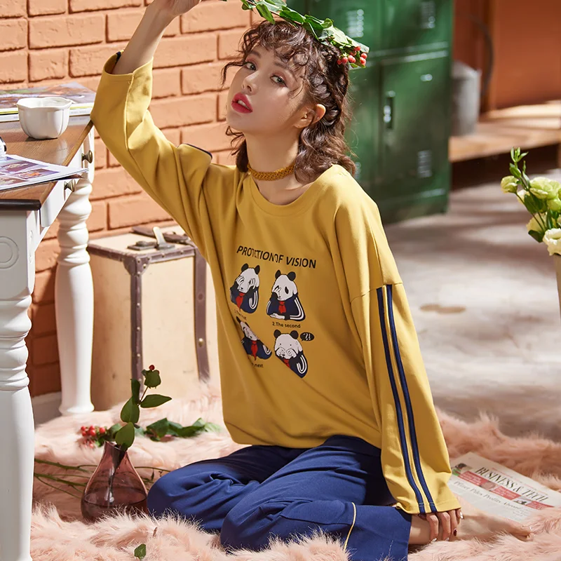 

Autumn Pyjama Women Knitted Cotton Pajama Set Long Tops+Long Pants 2pcs/set Pajamas Cartoon Cute Sweet Big Size Ladies Sleepwear