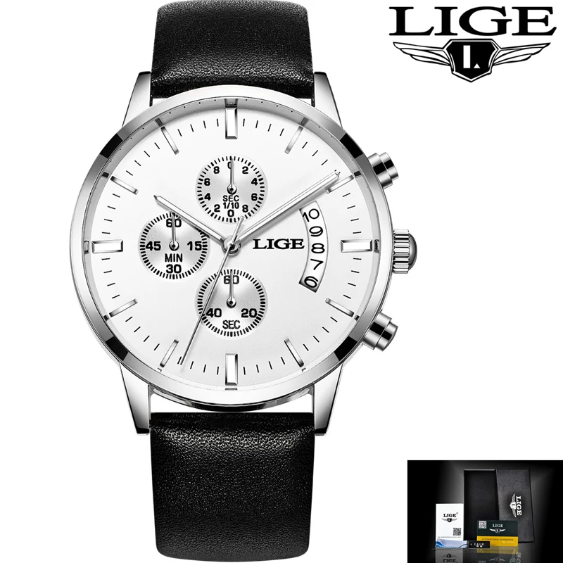 leather silver white Relojes hombre LIGE Роскошные Брендовые мужские часы спортивные водонепроницаемые кварцевые часы модные деловые мужские кожаные часы relogio masculino - Цвет: leather silver white