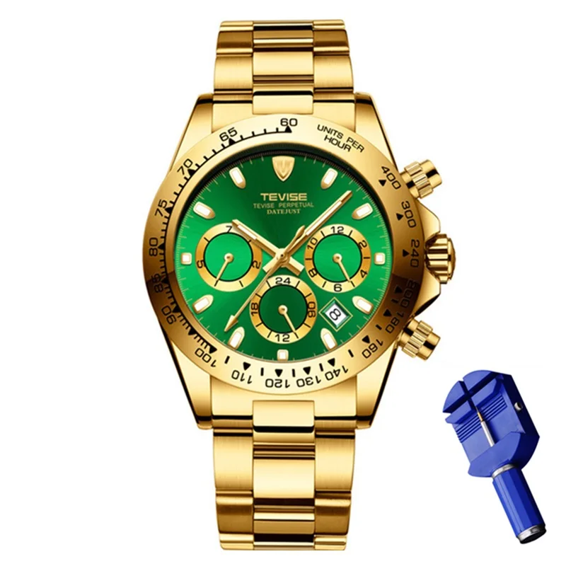 Gold Green TEVISE, мужские часы, Топ бренд, Роскошные наручные часы, автоматические часы, мужские механические часы, повседневные мужские часы, Relogio Masculino - Цвет: Gold Green