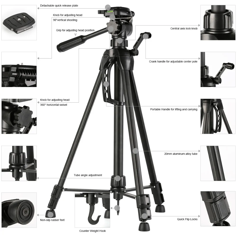 K&ampF CONCEPT Light Pod Extendable Weight Travel Camera Tripod kit + 3 Aluminum Alloy Sections for Canon Nikon DSLR Cameras | Электроника