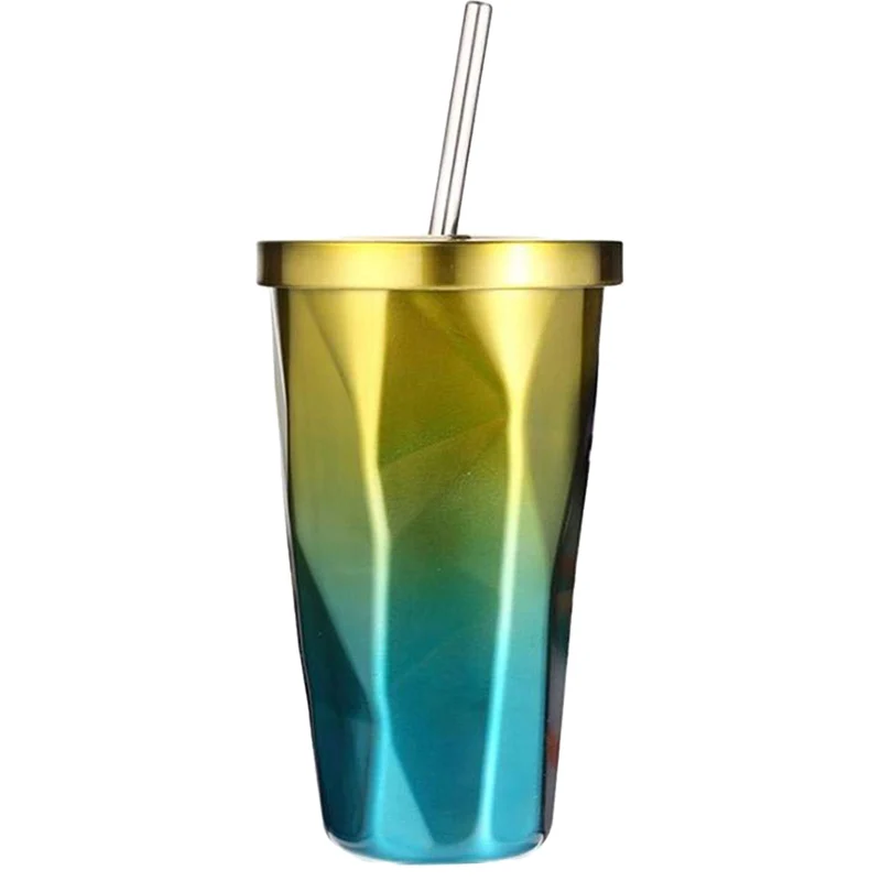 yellow blue TEENRA кружка из нержавеющей стали чашка с трубочкой кофейная чашка, алмазная 500 мл вакуумная изолирующая Крышка для питья - Цвет: yellow blue