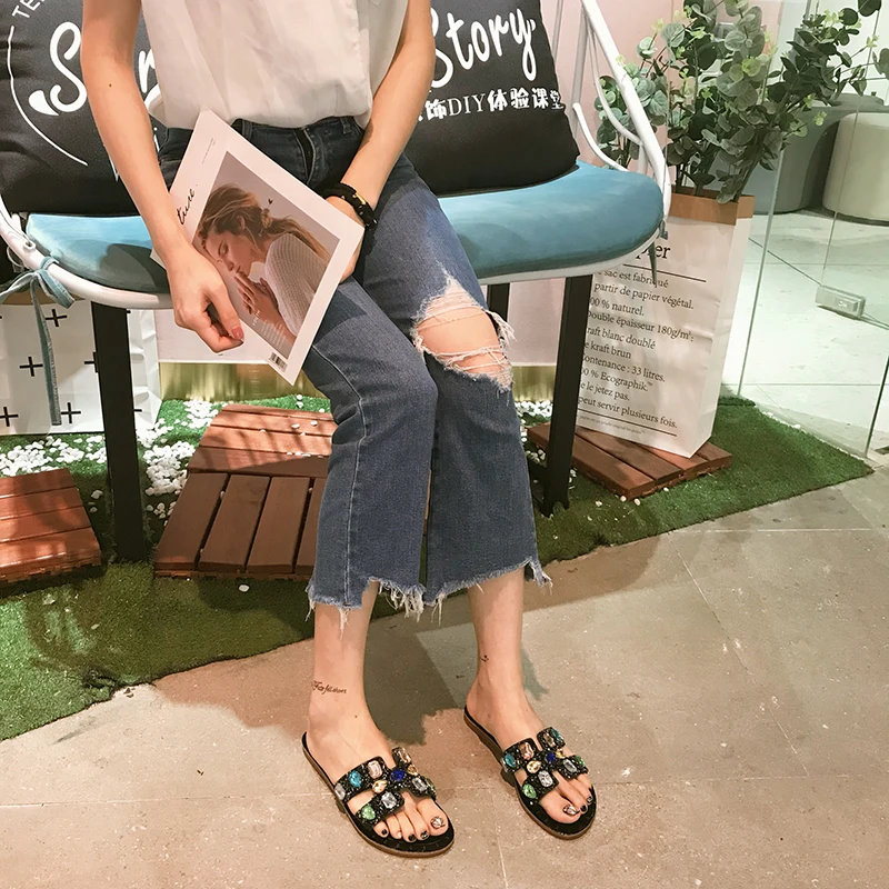 Wellwalk/фирменный дизайн тапочки на плоской подошве с драгоценными камнями женские