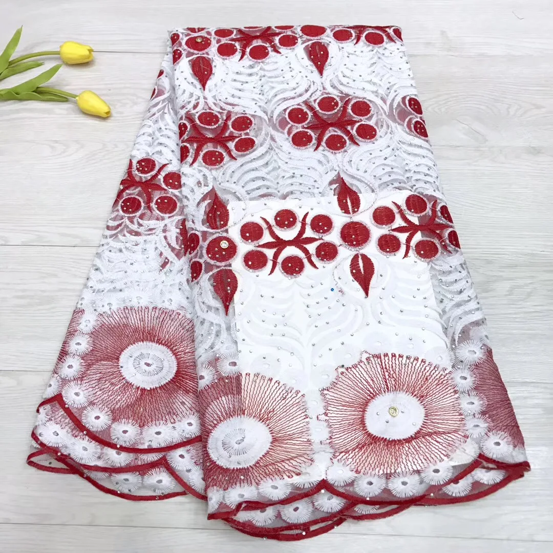 

Red/Black New Design African Cord Lace Fabric 2019 Swiss Voile Lace embroidered French Mesh Lace Fabric High quality Stones JY12