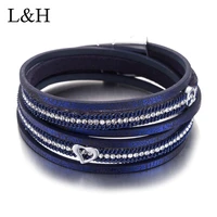 double layer heart carved rhinestone suede slake deluxe leather wrap bracelets fashion jewelry for women pulseiras femininas