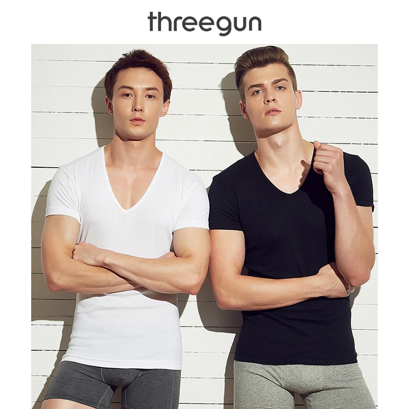 THREEGUN 2шт 100% хлопок V образным вырезом Повседневная коротким рукавом T рубашка
