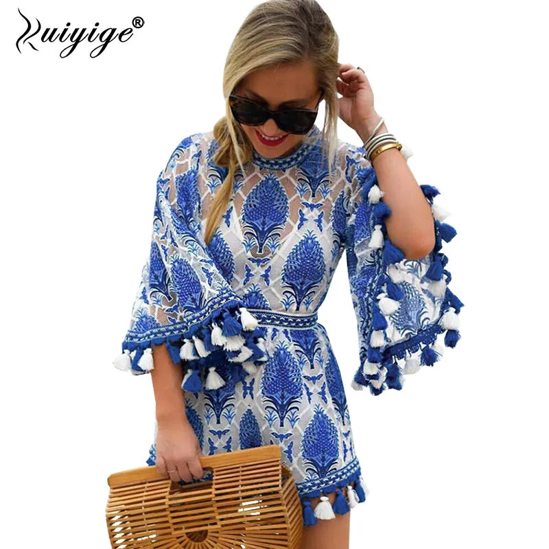 Ruiyige Лето 2017 Для женщин Boho комбинезон комбинезоны Вышивка крючком Кружево