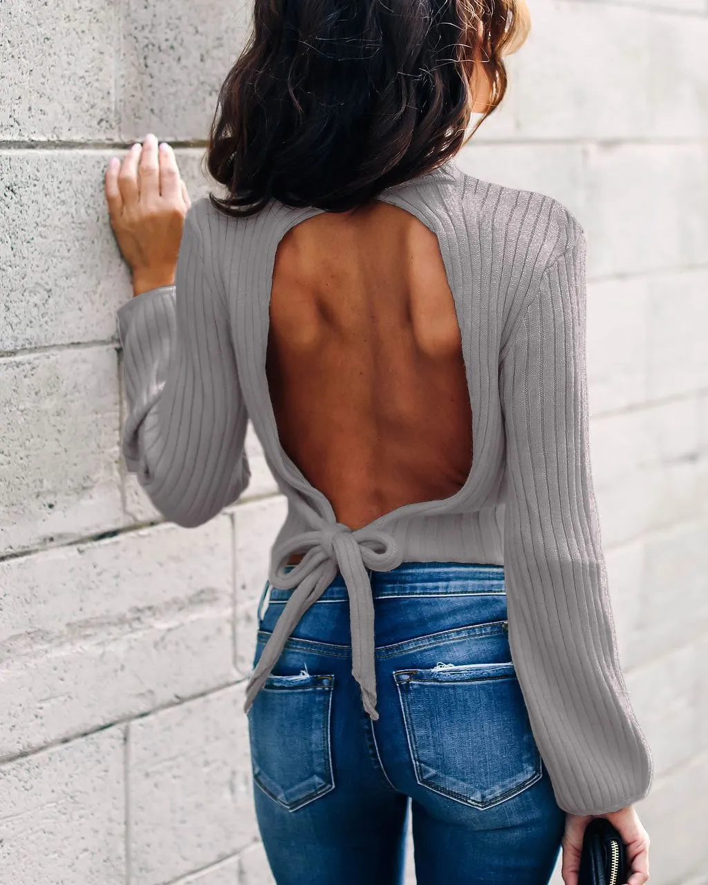 2019 New Sexy Backless Bow Turtleneck Short Sweater Women Long Sleeve Pullovers Female Knitted Tops | Женская одежда