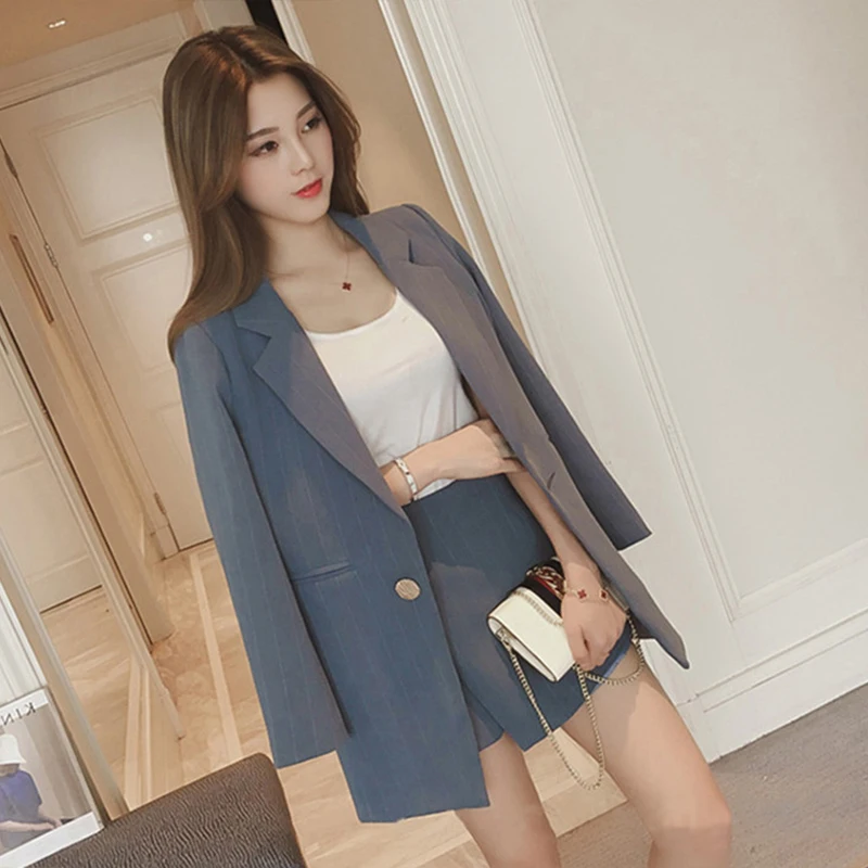 

fashion woman stripes long suit jacket half skirt suit ladies fashion casual suit + skirt two piece set Female Work Skirt Suits
