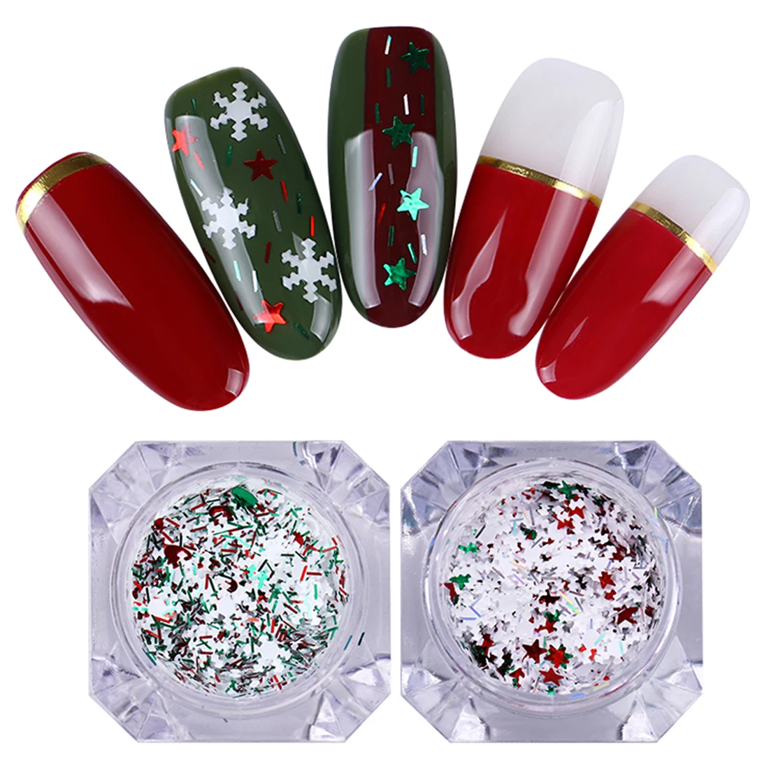 Xmas Nail красный зеленый Звезда Сердце и в полоску с белыми Снежинка смешивания Цвет Форма Flake Nail Блестки блестка Рождество декоры