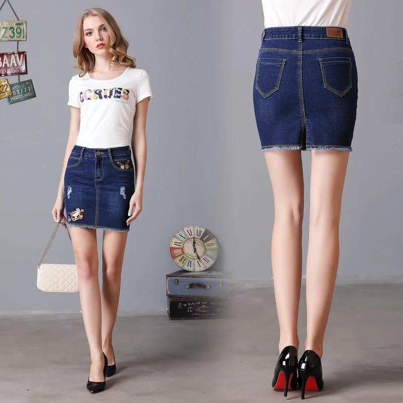 Модные Васит Джинсовая юбка синяя Империя Женщины Проблемные мини юбки карандаш