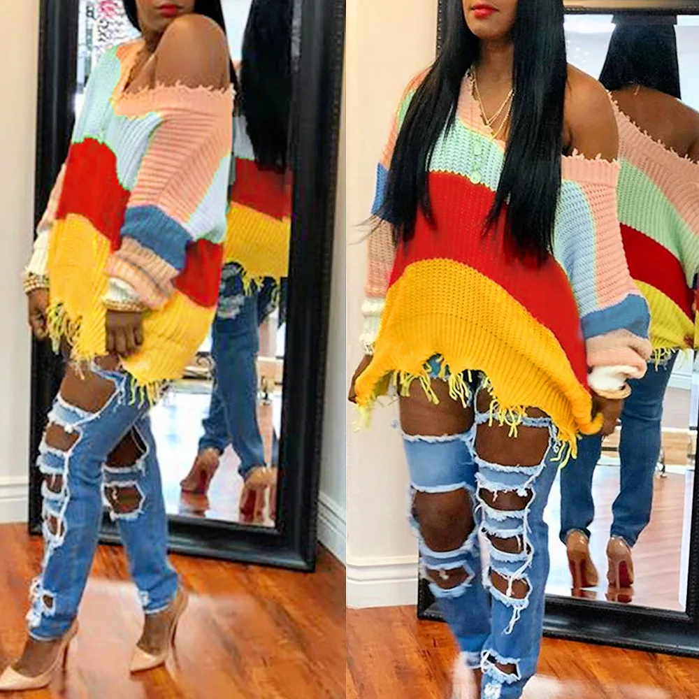 Women Ripped Hole Denim Jeans Plus Size Straight Jean Femme