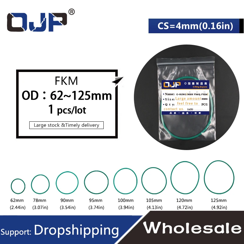 Резиновое кольцо зеленое уплотнительное FKM толщина 4 мм OD62/78/90/95/100/105/120/125