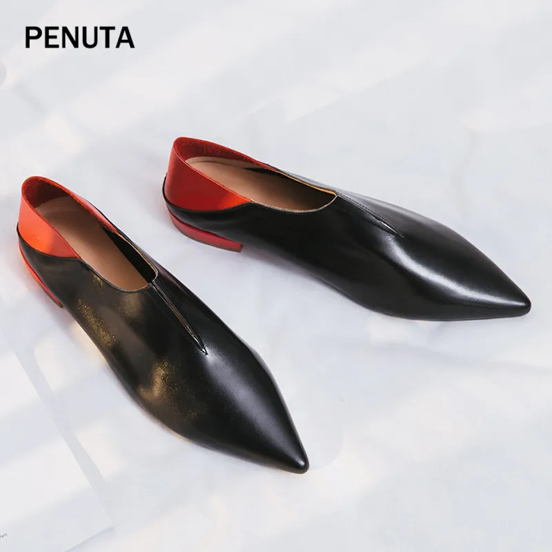 PENUTA/женские туфли-оксфорды в британском стиле; туфли из натуральной кожи на плоской подошве с v-образным вырезом; мягкая обувь без застежки; модный дизайн; PF906