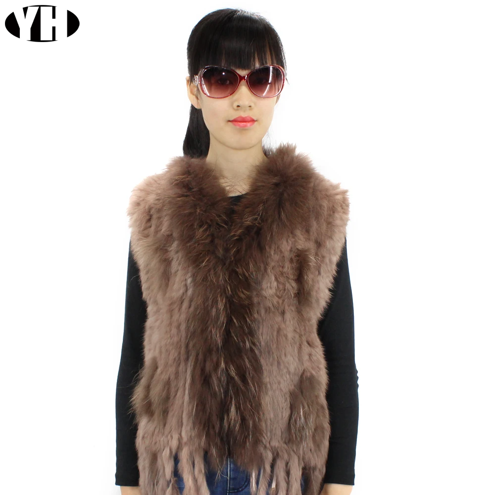 Зимний женский жилет из натурального кроличьего меха с воротником енота Женская