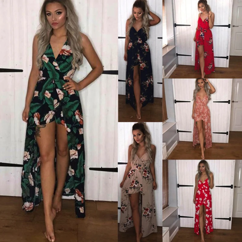 Summer Vacation 2018 Spaghetti Strap High Waist Tropical Palm print Shirred loose fit Cami Palazzo Women Jumpsuit sexy v neck | Женская