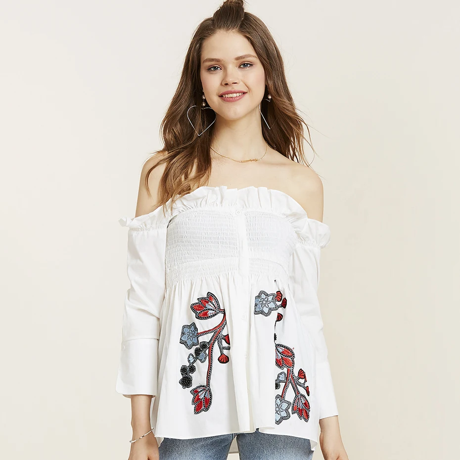 Для женщин Хлопок чешские рубашки Белый Boho Chic Рубашки с вышивкой молодые девушки