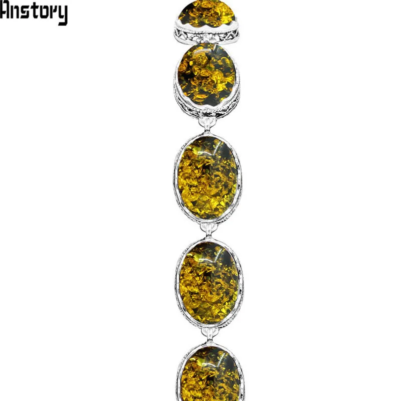 

Oval Flower Green Simulated Ambers Strand Bracelets For Women Antique Silver Plated Vintage Look Fashion Jewelry TB326