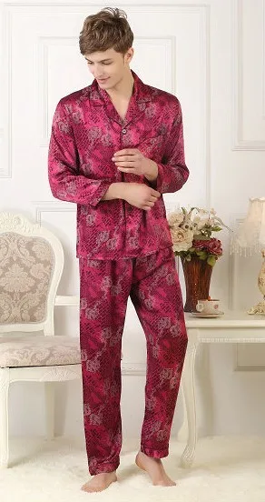 100% mulberry silk pajamas suit men's silk clothes long sleeves long sleeve long trousers printed large size double dragon
