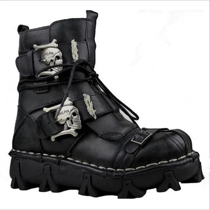 

EFFGT 2019 Men's Cowhide Genuine Leather Work ankle Boots Military Combat Boots Gothic Skull Punk Motorcycle Martin Boots
