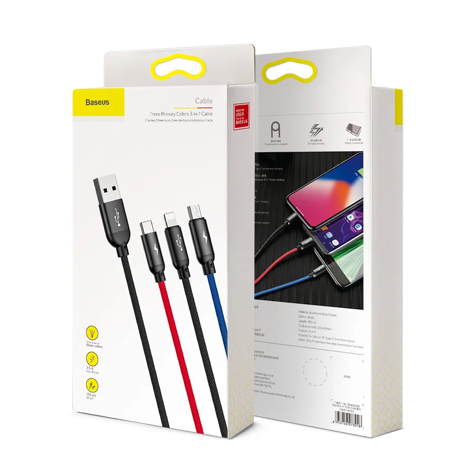 Baseus 3 в 1 USB кабель для iPhone type C Micro USB Автомобильное зарядное устройство для samsung S9 huawei зарядный кабель 3.5A провод для быстрой зарядки