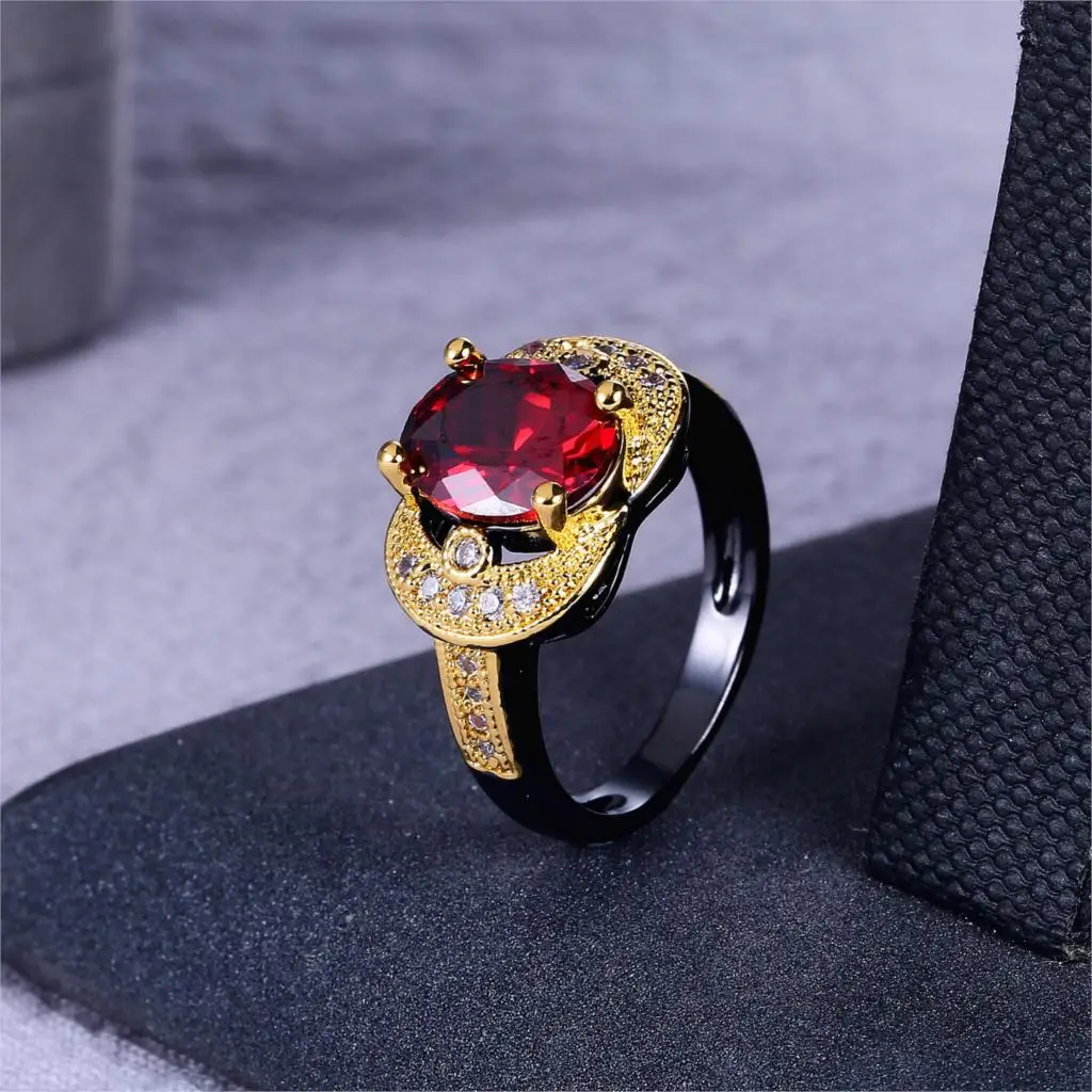 ZHE FAN Gold Color Oval Shape Fashion Cubic Zirconia Rings Black 2 Tone Plated Vintage Ring Size 6-9 For Wedding Gift | Украшения и