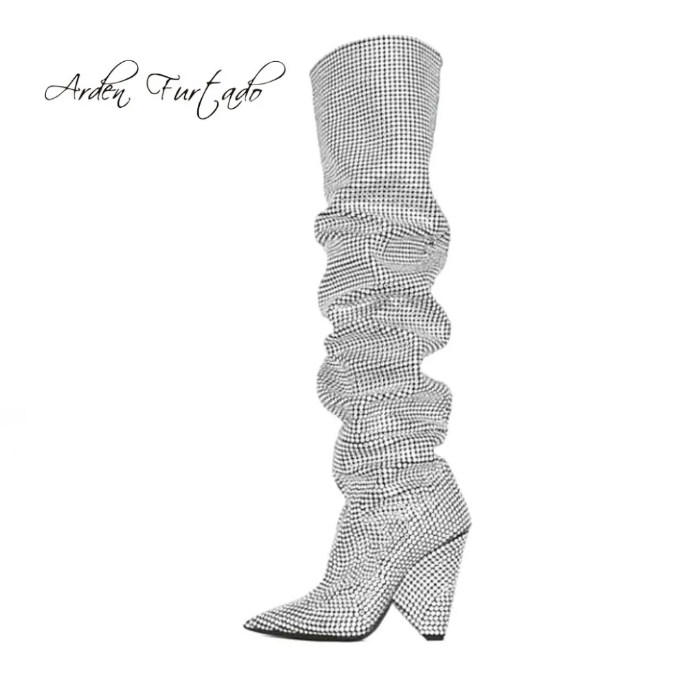 Модные осенне-зимние сапоги на высоком каблуке 10 см с блестками | Обувь