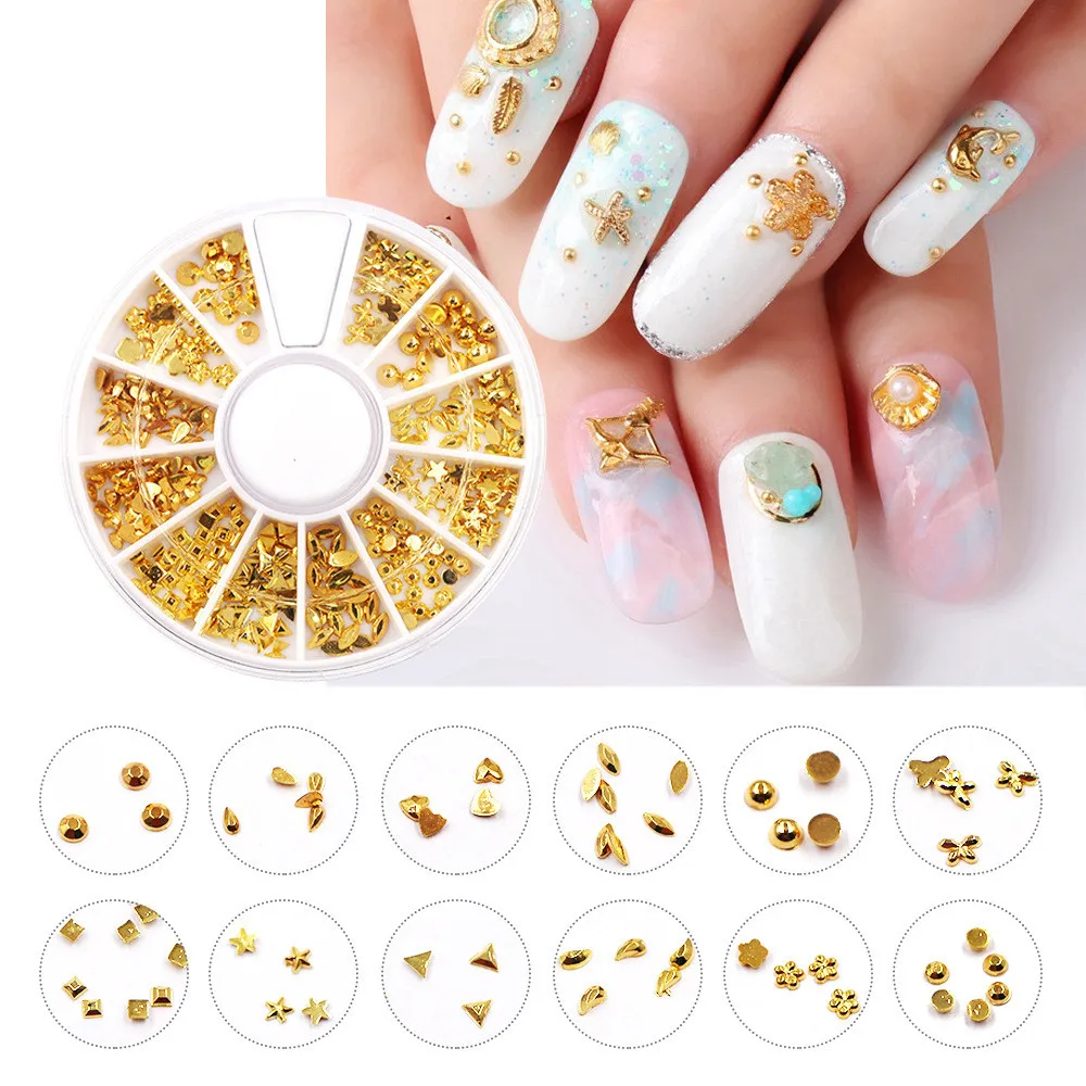 12 Patterns/Box 3D Gold Metallic Mix Multi-shaped Studs Frame Alloy Nail Art Gems Decoration Rhinestones Wheel DIY Tips | Красота и
