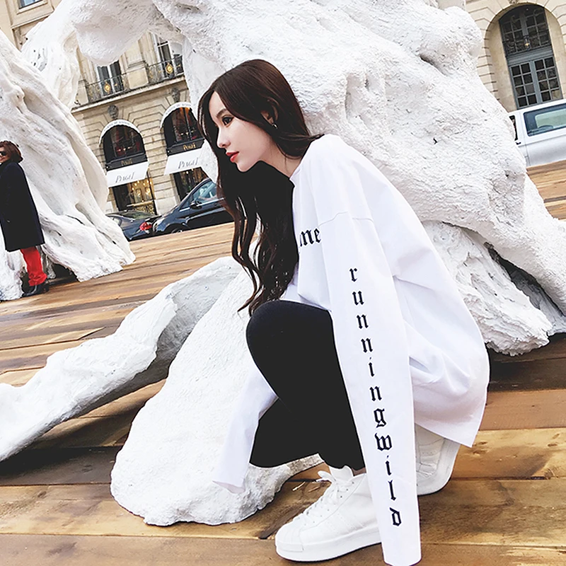 2018 Осень Harajuku футболка для Для женщин образным вырезом с длинным рукавом