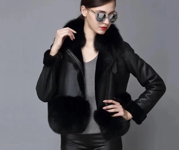 Pure black Maylofuer Россия мода Натуральная кожаная куртка из овчины для женщин из натурального меха лисы и тонкой шубы на зиму - Цвет: Pure black