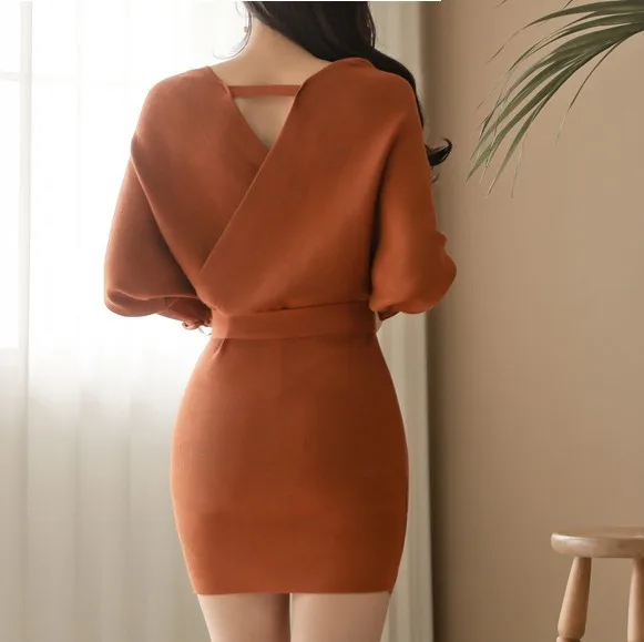 Женское трикотажное платье свитер с V образным вырезом и длинными рукавами|dress