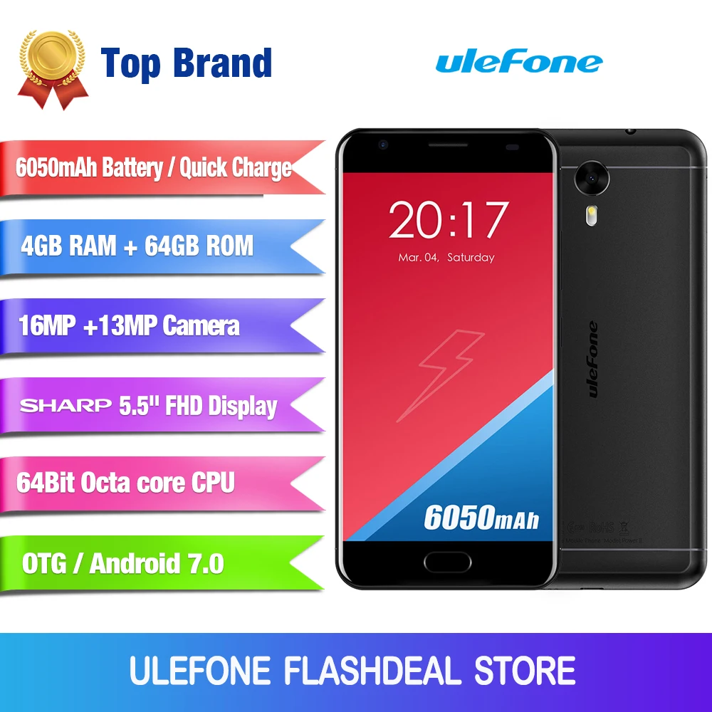 Ulefone Power 2 Мобильный телефон 5.5 дюймов FHD MTK6750T Octa core Android 7.0 4 ГБ + 64 16MP 6050 мАч Сканер