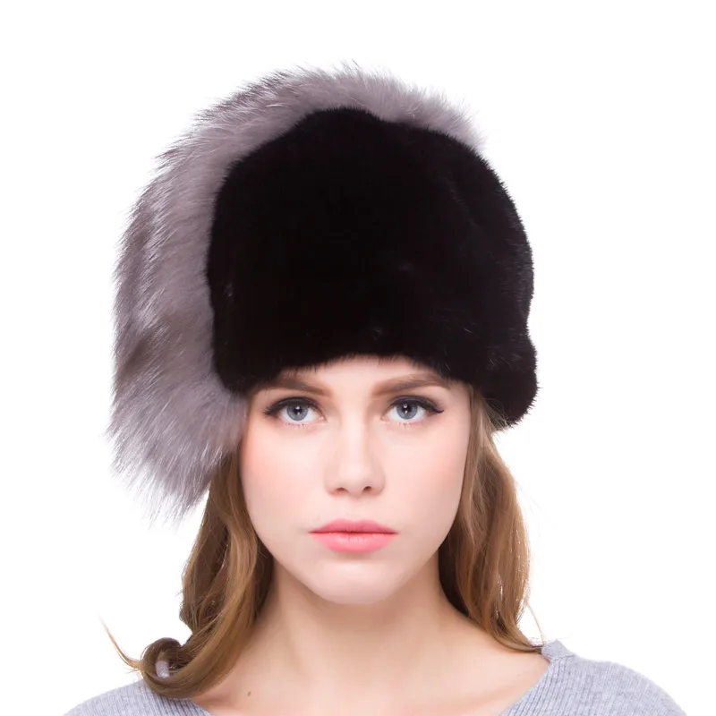 Шапка из натурального меха норки женская зимняя полосатая плетеная шапка с